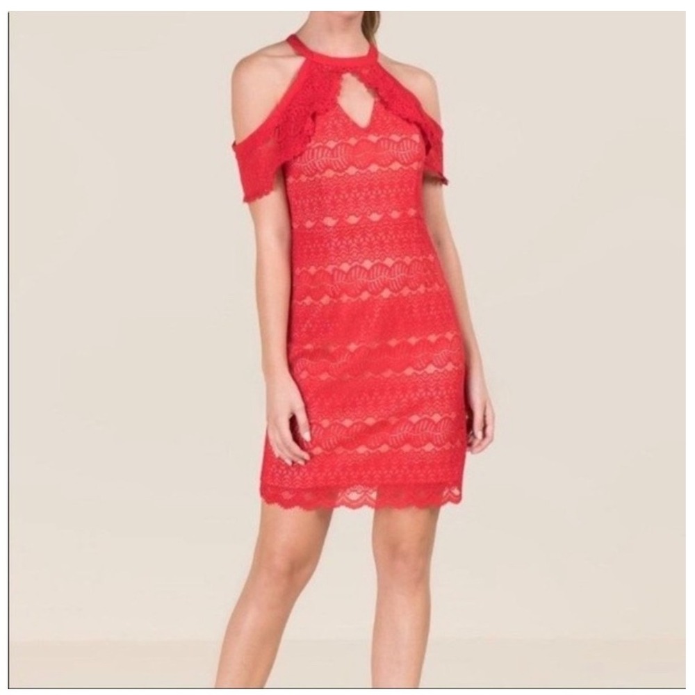 Francescas Red Lace Cold Shoulder Halter Neck Keyhole Sheath Cocktail Dress NWT